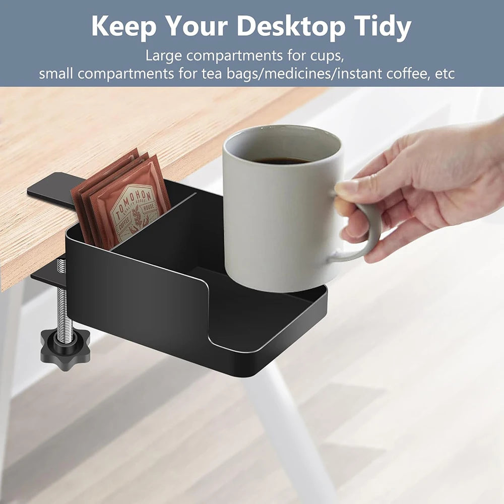Under Desk Storage Cabinet with Cup Holder and Phone Stand Clamp-On Desk Organizer No Drill Installation – White