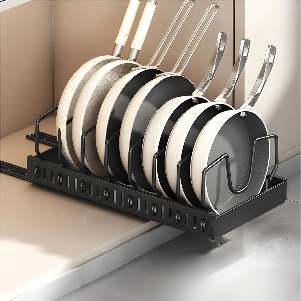 Pull Out Pots and Pans Organizer Stainless Steel Adjustable Dividers Under Cabinet Storage - Black