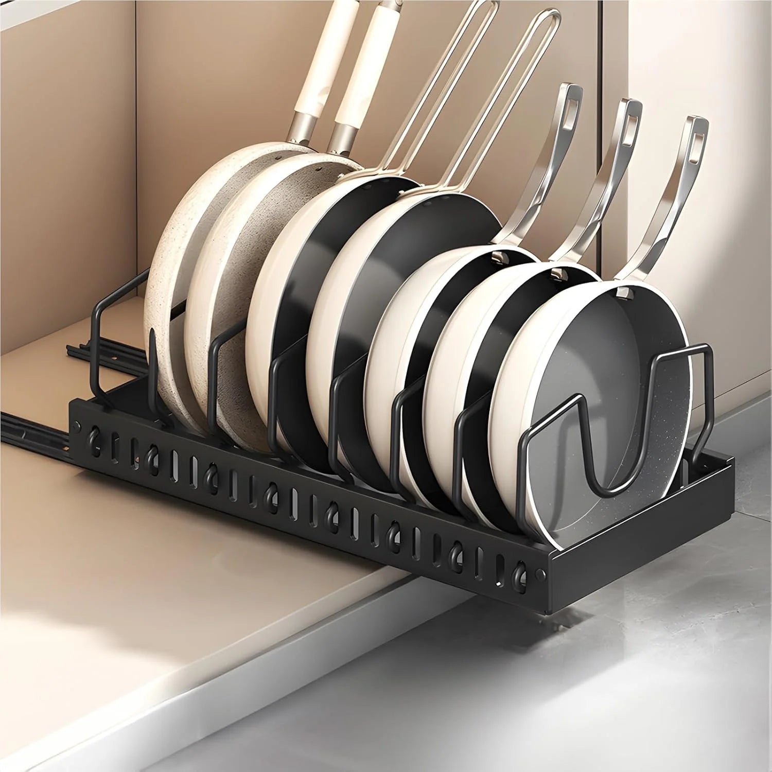 Pull Out Pots and Pans Organizer Stainless Steel Adjustable Dividers Under Cabinet Storage - Black