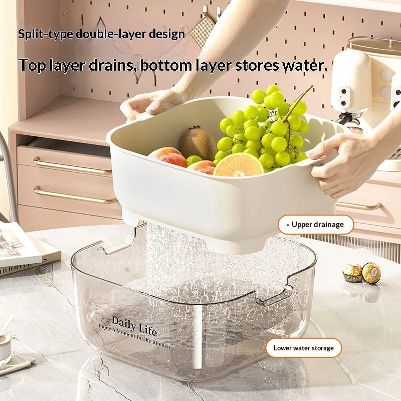 Double Layer Vegetable Wash Basin Colander Basket with Drainage Bowl – White
