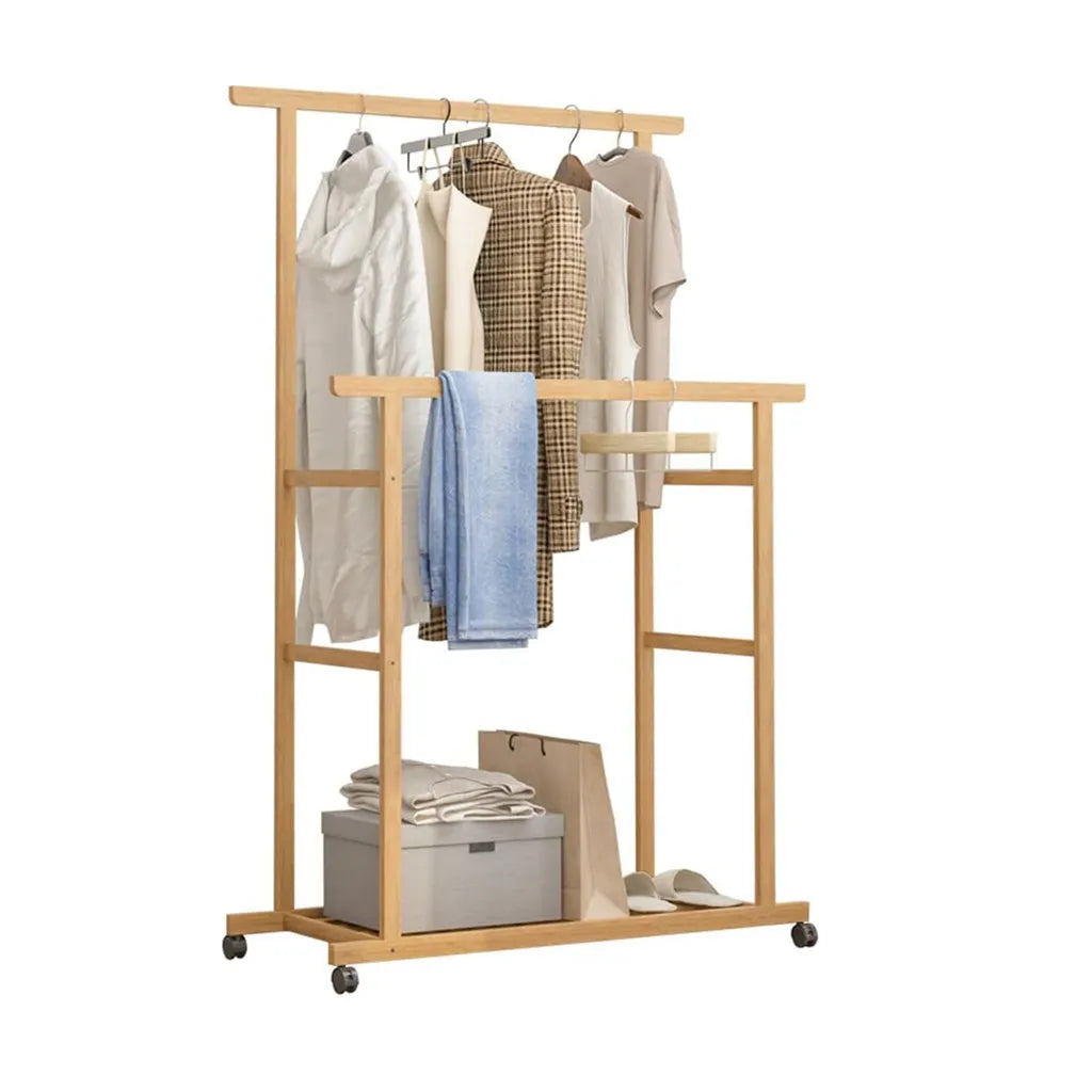 Double Rod Bamboo Clothes Rack with Rolling Wheels Freestanding Garment Stand with Storage Shelf – Natural Wood