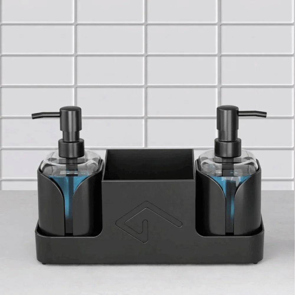 2 in 1 Kitchen Soap Dispenser with Sponge Holder Refillable Sink Caddy and Storage Tray – Black