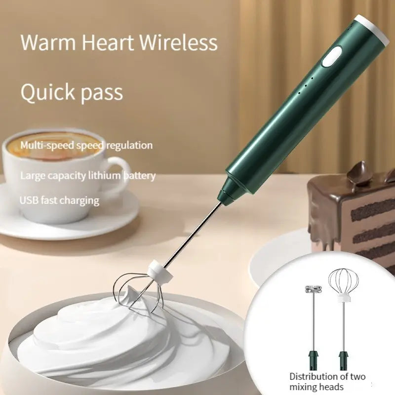 Electric Milk Frother 3-Speed USB Rechargeable Egg Beater Foam Maker – Green