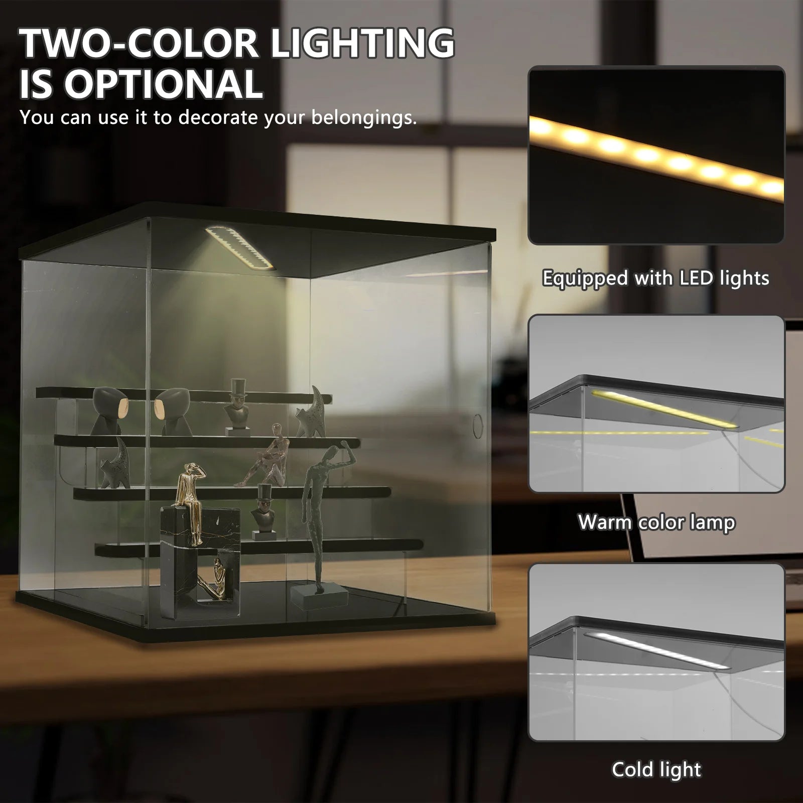 Display Case Portable LED Acrylic Organizer Box 3 Layer Stackable Dust Proof