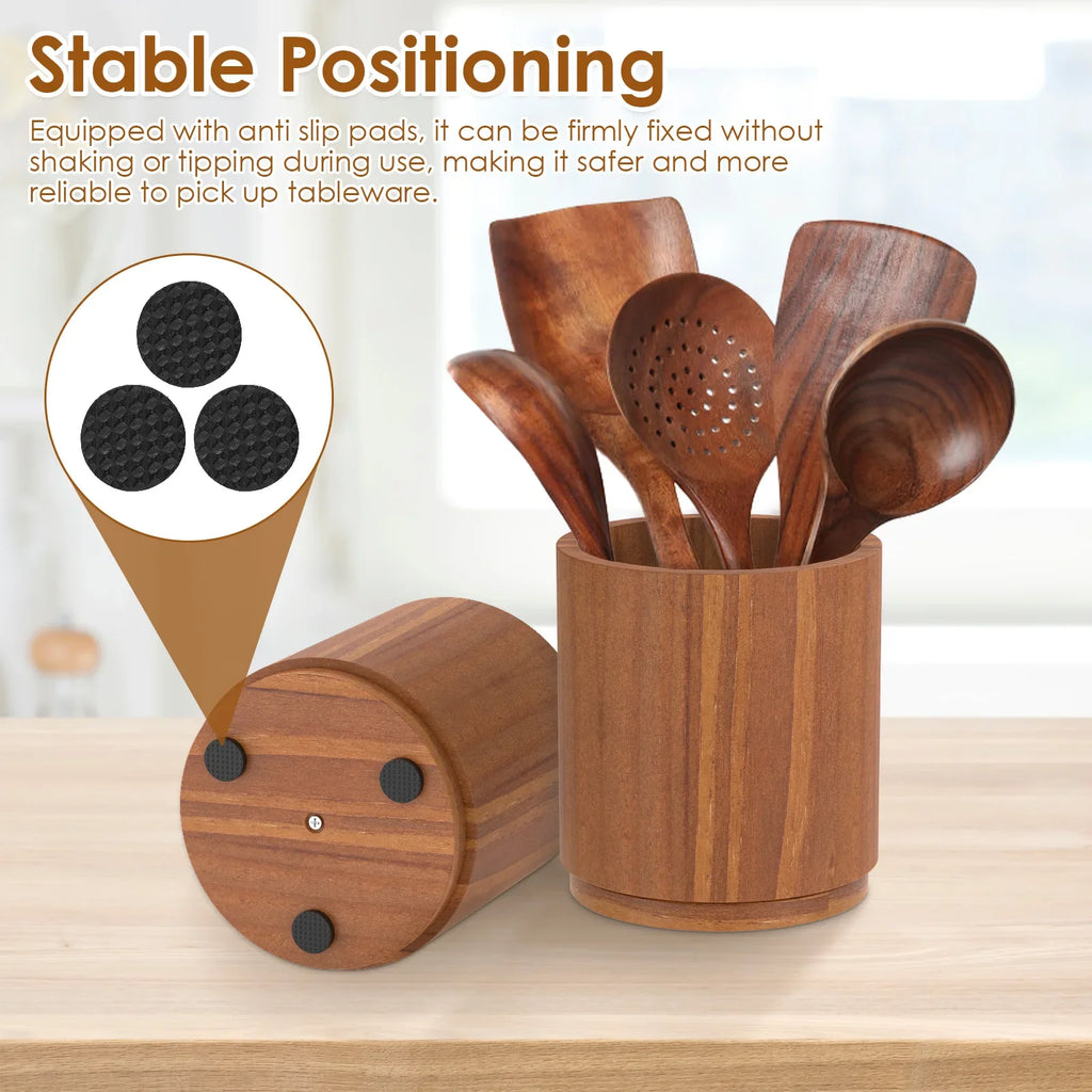 Utensil Holder Rotating 360 Degree Wooden Kitchen Benchtop Organiser - Brown