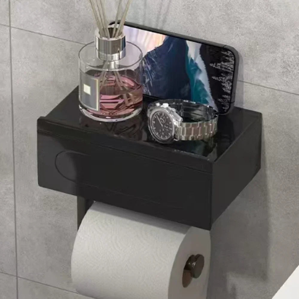 Toilet Paper Holder 275mm Wall Mounted Storage Shelf Adhesive Plastic Carbon Steel Dispenser – White