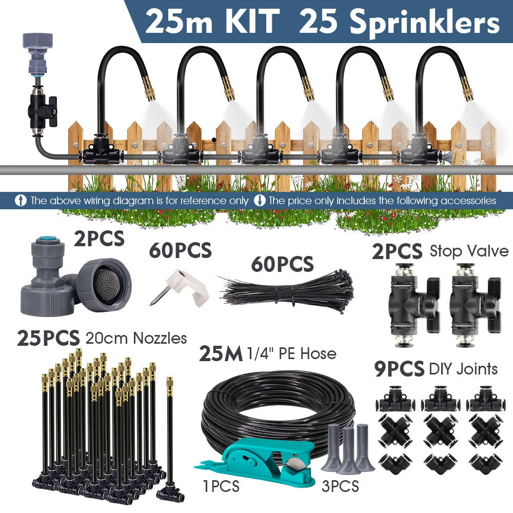 Garden Misting Cooling System Adjustable Spray Irrigation Kit - 25m