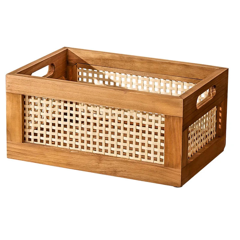 Storage Basket Portable Solid Wood Rattan Woven Desktop Organizer 30x20x14cm