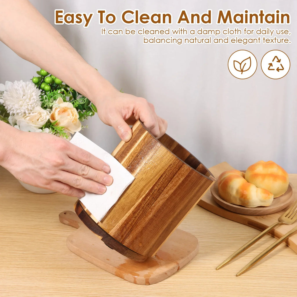 Utensil Holder Rotating 360 Degree Wooden Kitchen Benchtop Organiser - Brown