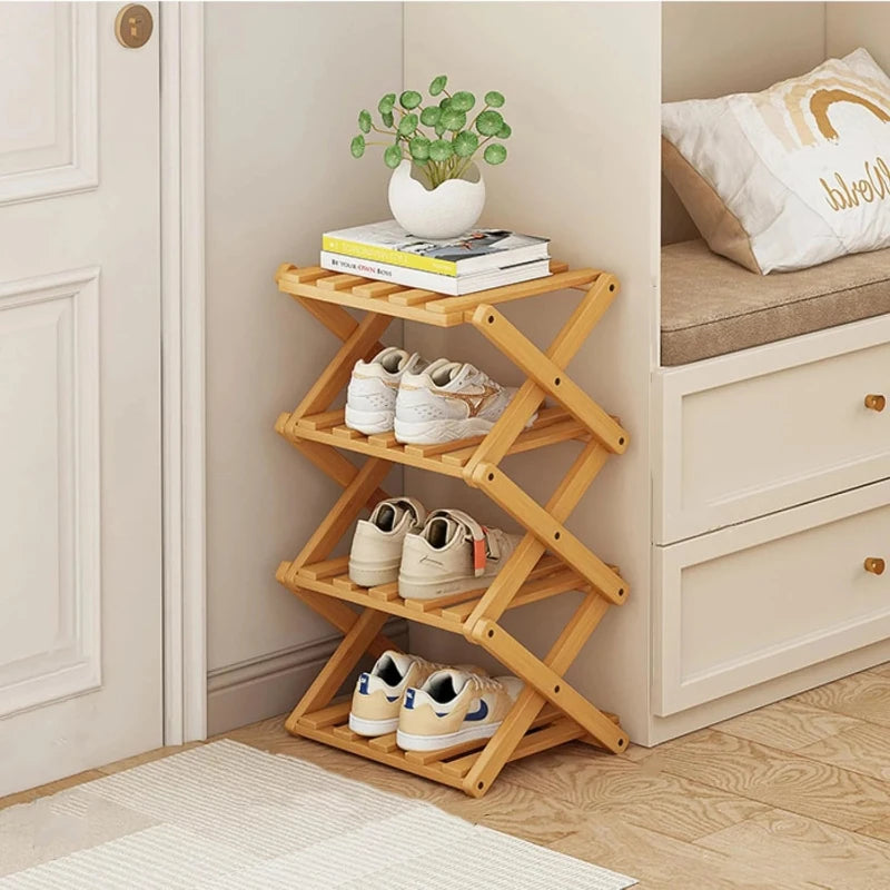 Shoe Rack 4 Tier Foldable Bamboo Storage Organiser for Entryway and Bedroom
