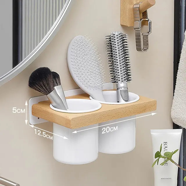 Portable Wall Mounted Hair Dryer Holder Wooden Bathroom Styling Tool Organizer - White