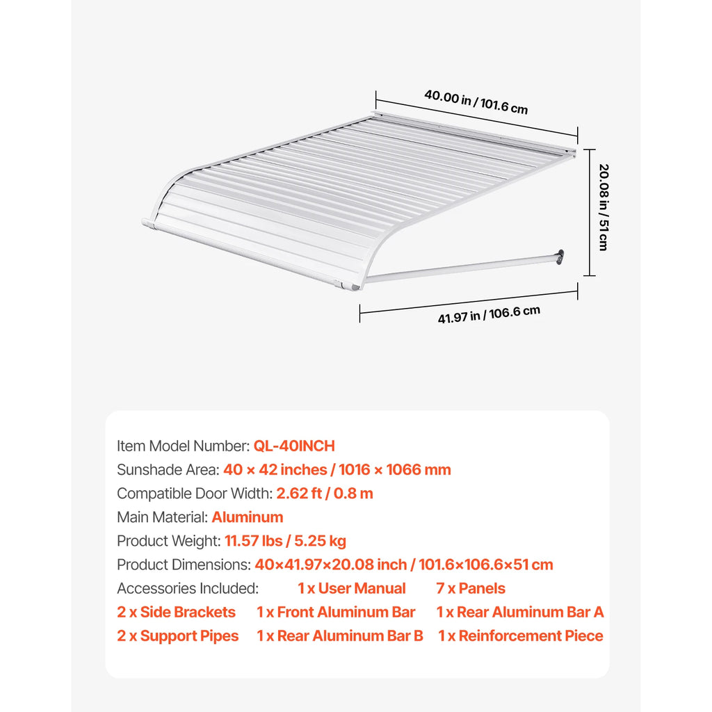 Aluminum Door Awning 40x42 Inch Exterior Canopy for Rain Sun Protection - 42x40x20 Inch