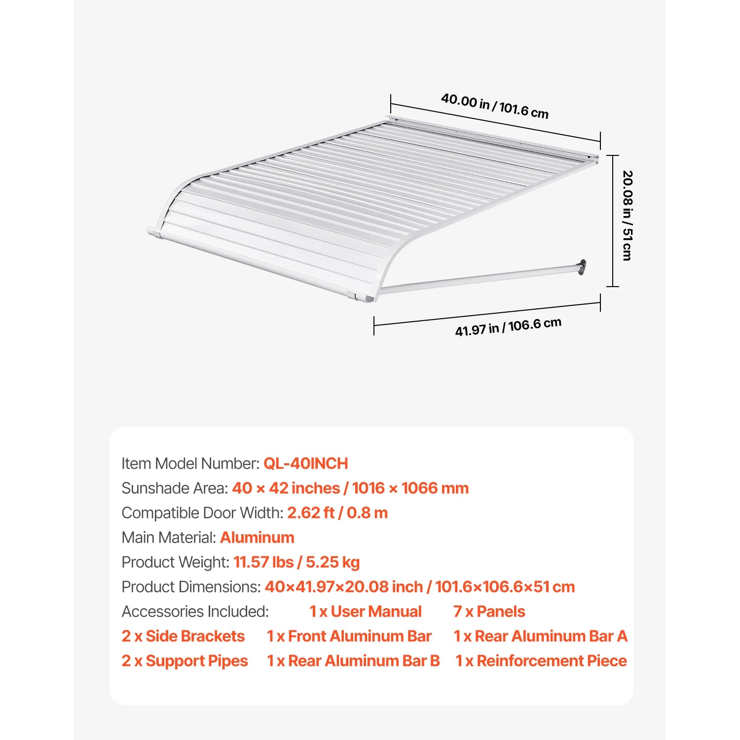 Aluminum Door Awning 40x42 Inch Exterior Canopy for Rain Sun Protection - 42x40x20 Inch