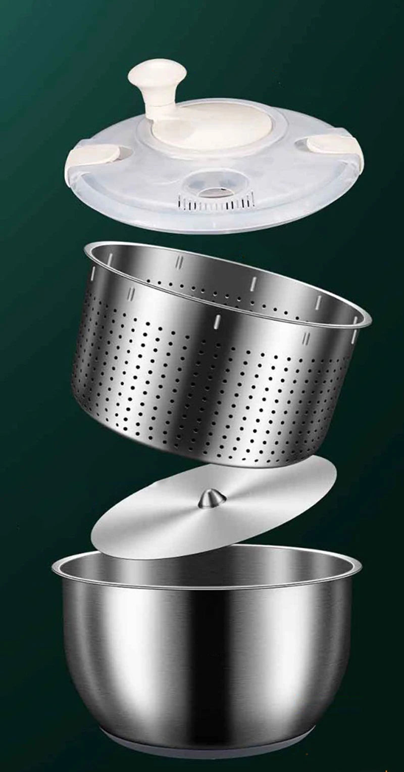 Stainless Steel Salad Spinner with Manual Spin Lid and Removable Drainer Basket