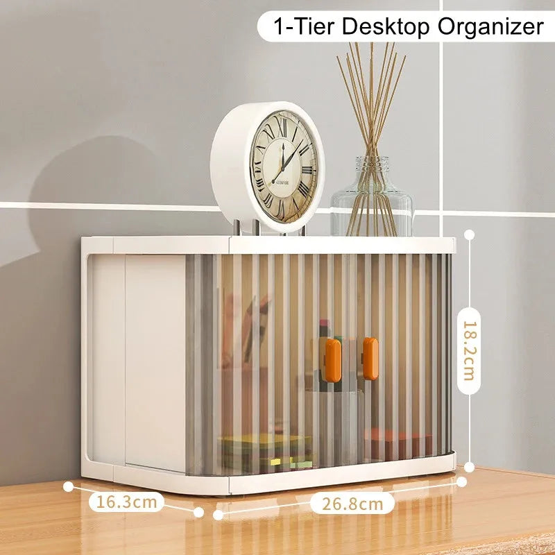 Collapsible Desktop Storage Box Rolling Door Stackable Plastic Organiser One Layer – White