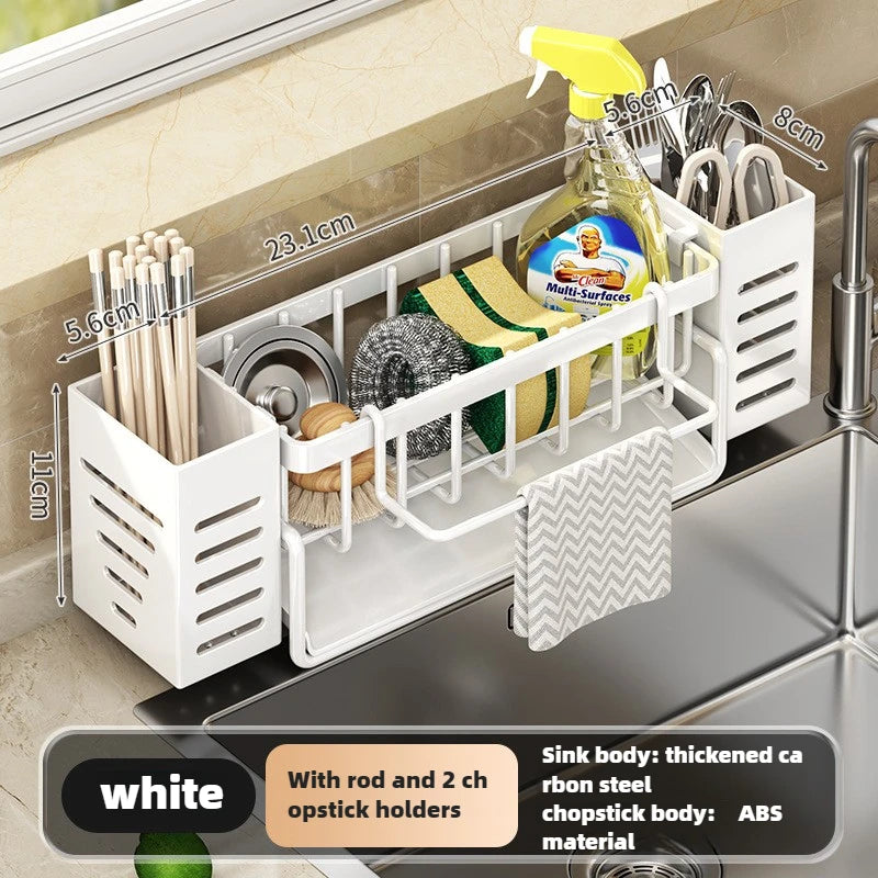 Sink Caddy Self Draining Sponge and Brush Holder Kitchen Sink Organiser - White