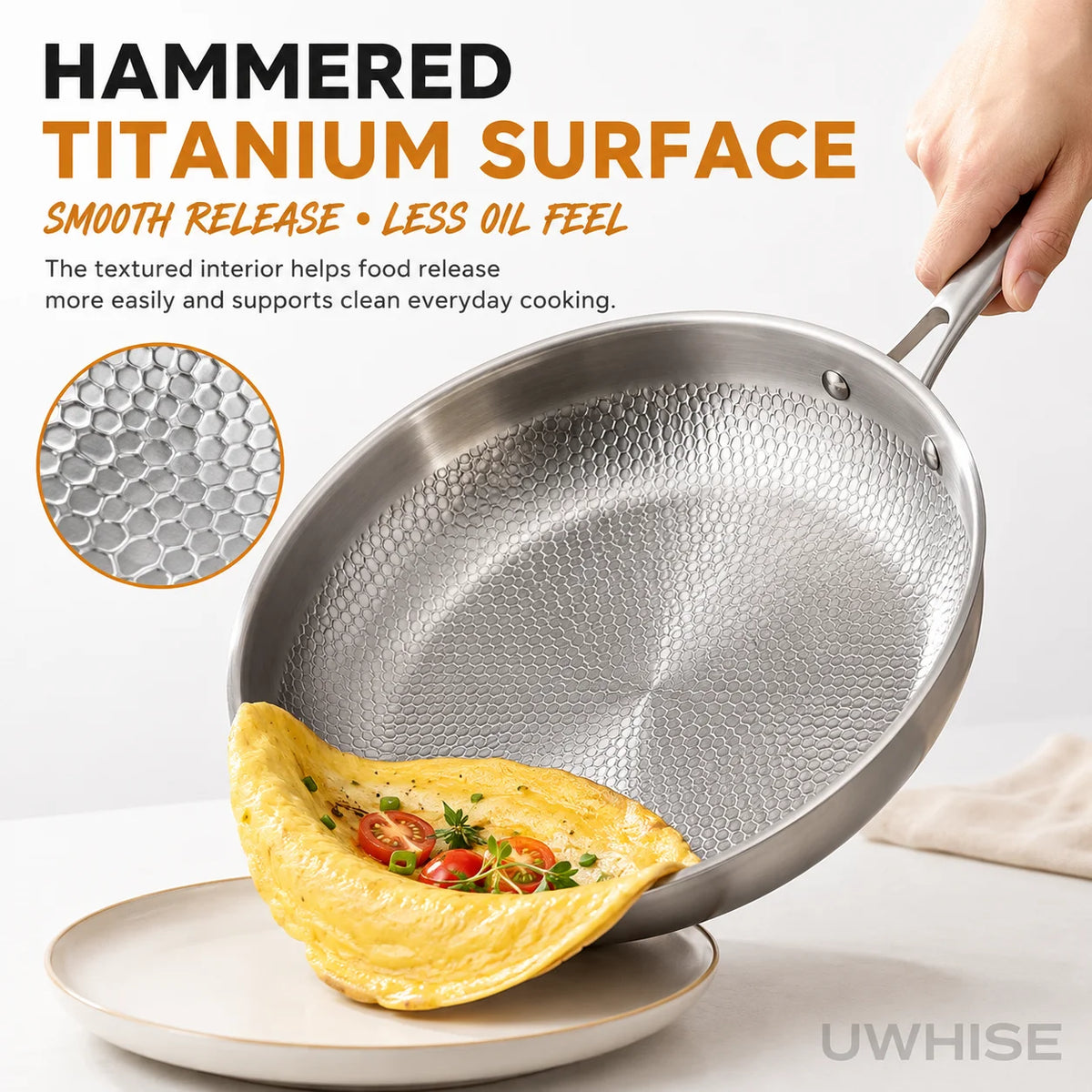 Frying Pan 26 cm Uncoated Stainless Steel Hammered Skillet with Glass Lid for Gas and Induction Cooktops