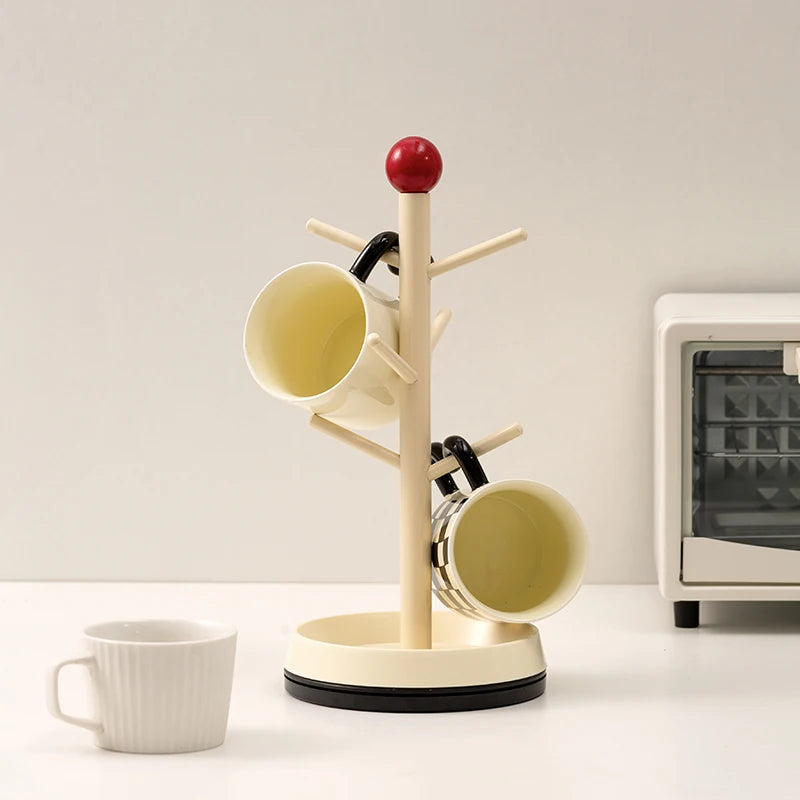 Rotating Wooden Mug Tree Cup Holder Countertop Coffee Cup Drying Rack Storage Stand with Red Accent