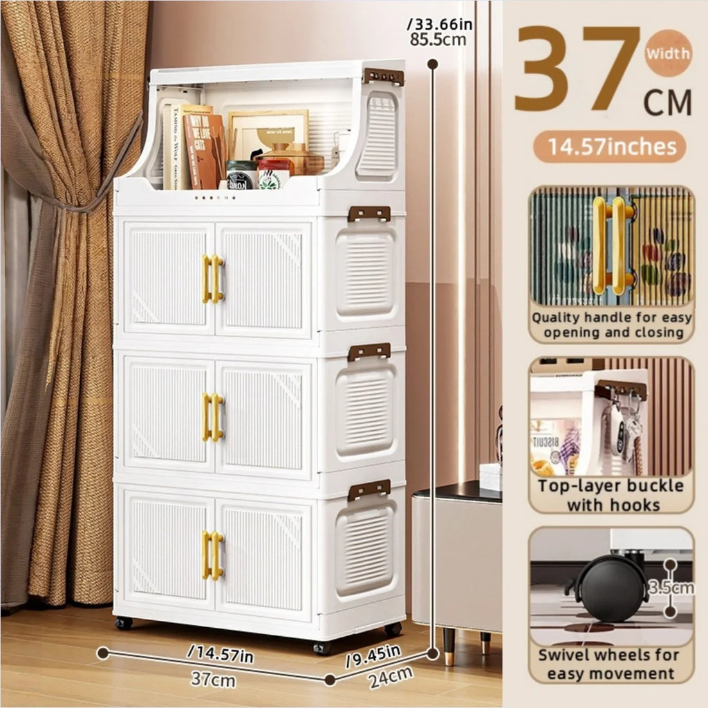 Storage Cabinet Foldable Double Door Organizer  Large Capacity Mobile Storage Box - 3 Tier