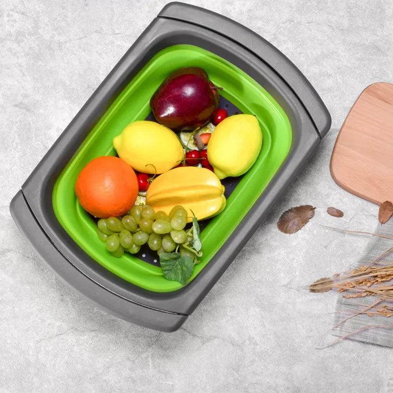 Retractable Folding Kitchen Colander Basket with Extended Handle – Red