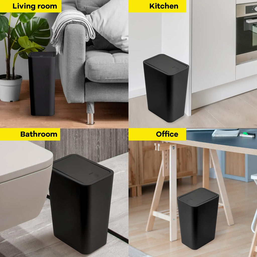 Trash Can 10L Press Top Lid Slim Rectangular Plastic Waste Bin Bathroom Bedroom - Black