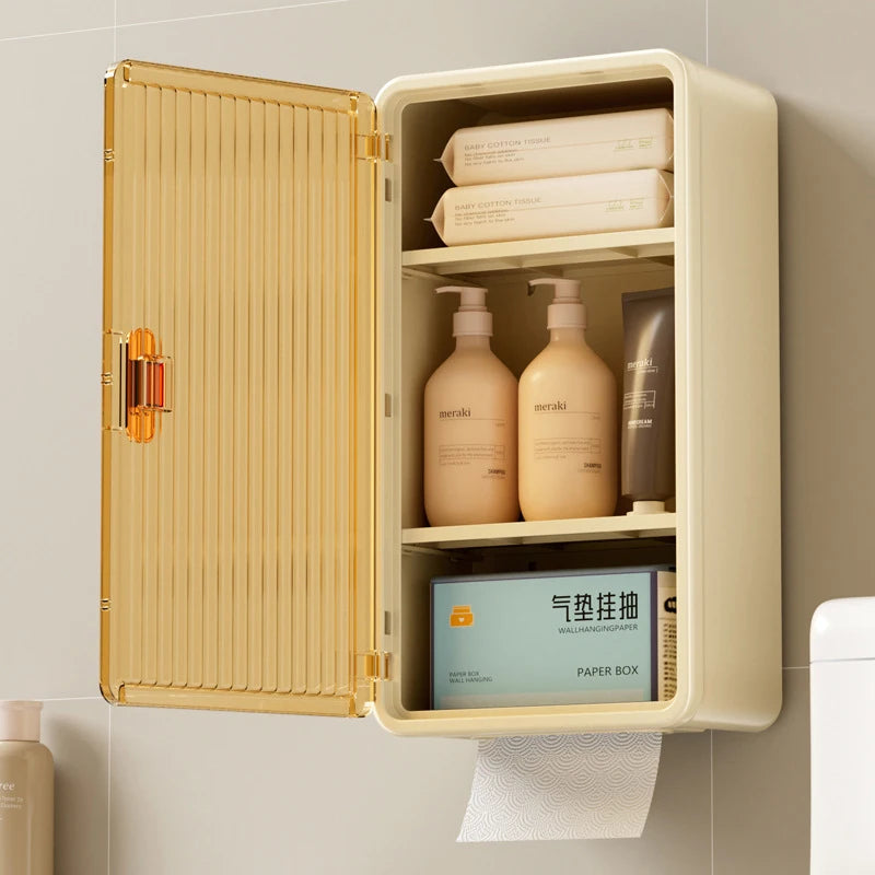 Wall Mounted Waterproof Bathroom Tissue Box Storage Shelf Toiletry Organiser No Partition – Yellow
