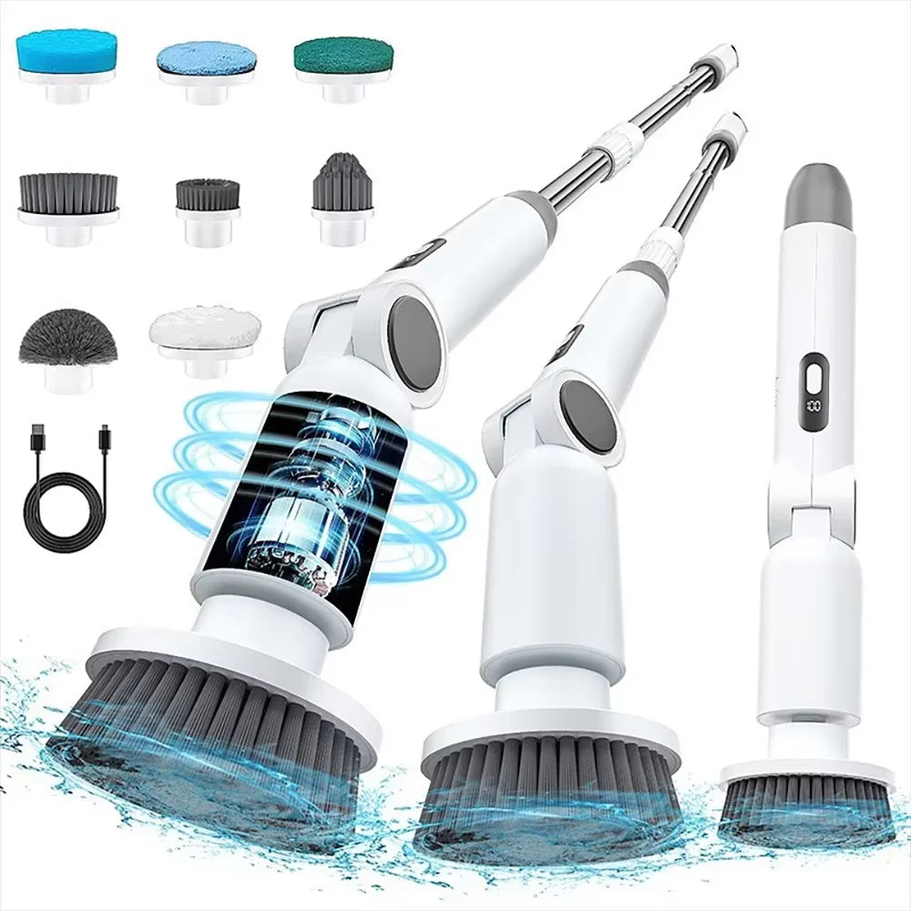 Electric Spin Scrubber 8 in 1 Cordless Waterproof Cleaning Brush Adjustable Extension Handle Bathroom Cleaner