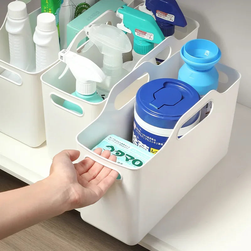 Portable Plastic Storage Basket with Handle Multi-Purpose Desktop Organiser Bin – White