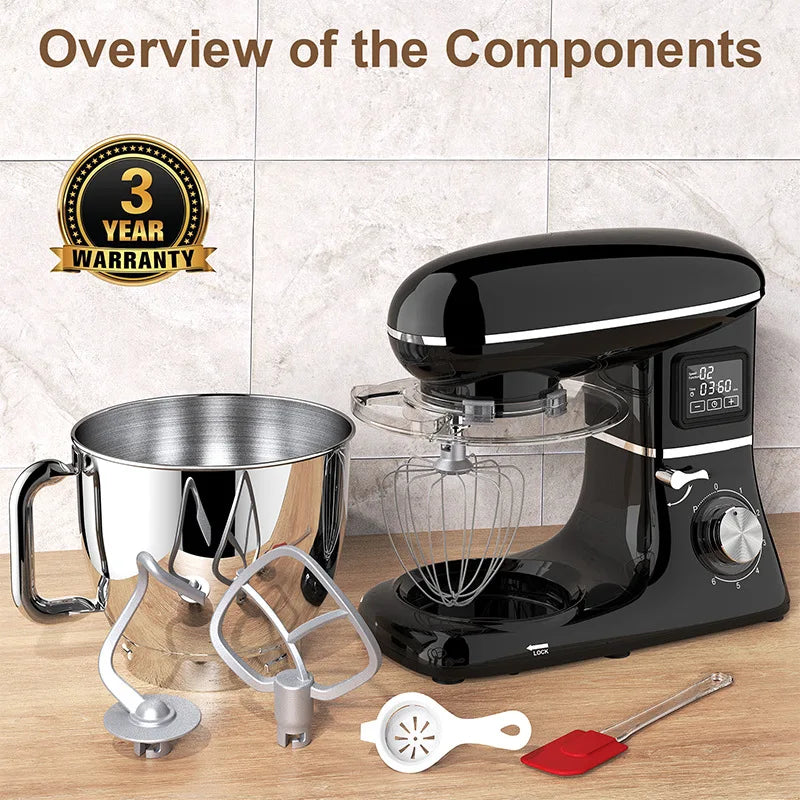 Commercial Stand Mixer 1500W 6.5L Stainless Steel Bowl 6-Speed Silent Smart Display - Black