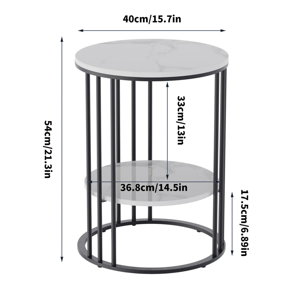 Side Table 2 Tier Sintered Stone Round Coffee Table with Storage - Black