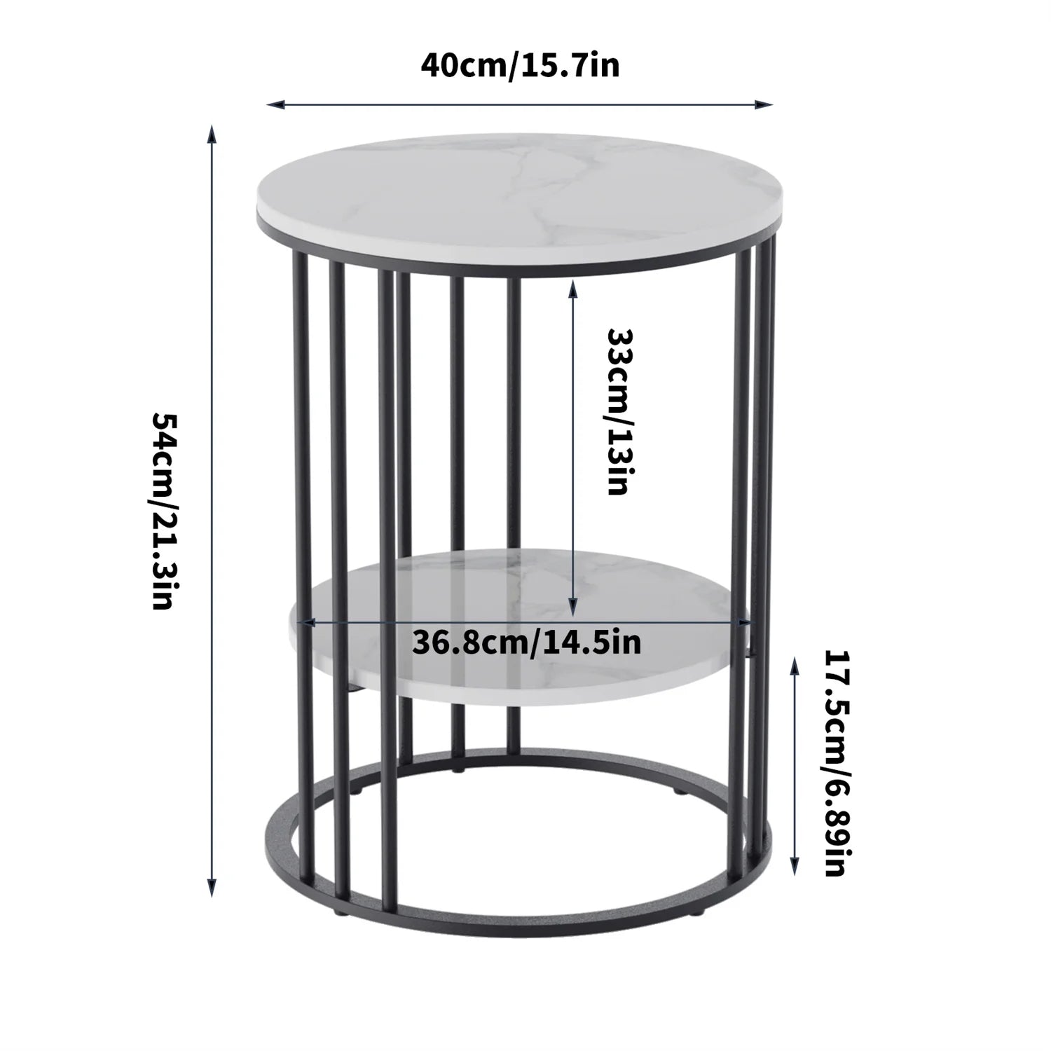 Side Table 2 Tier Sintered Stone Round Coffee Table with Storage - Black