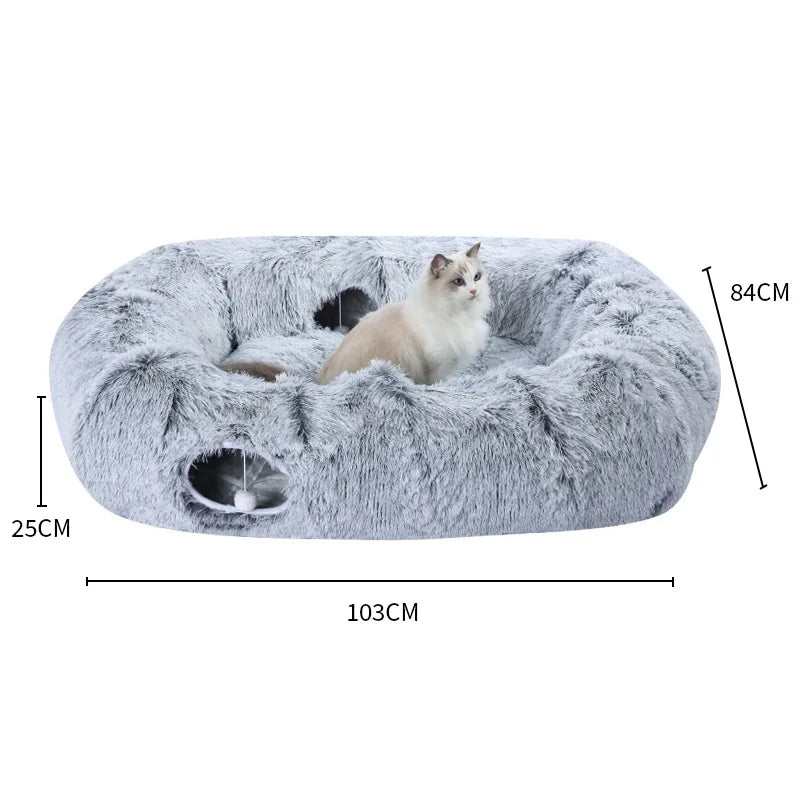 Portable Plush Cat Tunnel Bed 103 cm Large Multi-Function Cat Cave with Hideout Opening