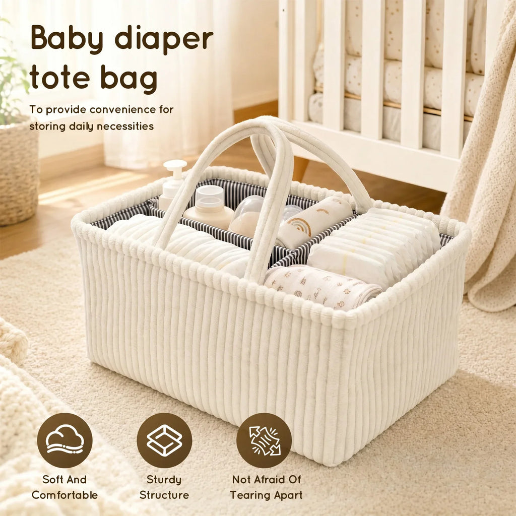 Foldable Diaper Caddy Organizer Corduroy Felt Storage Basket With Handles - Brown