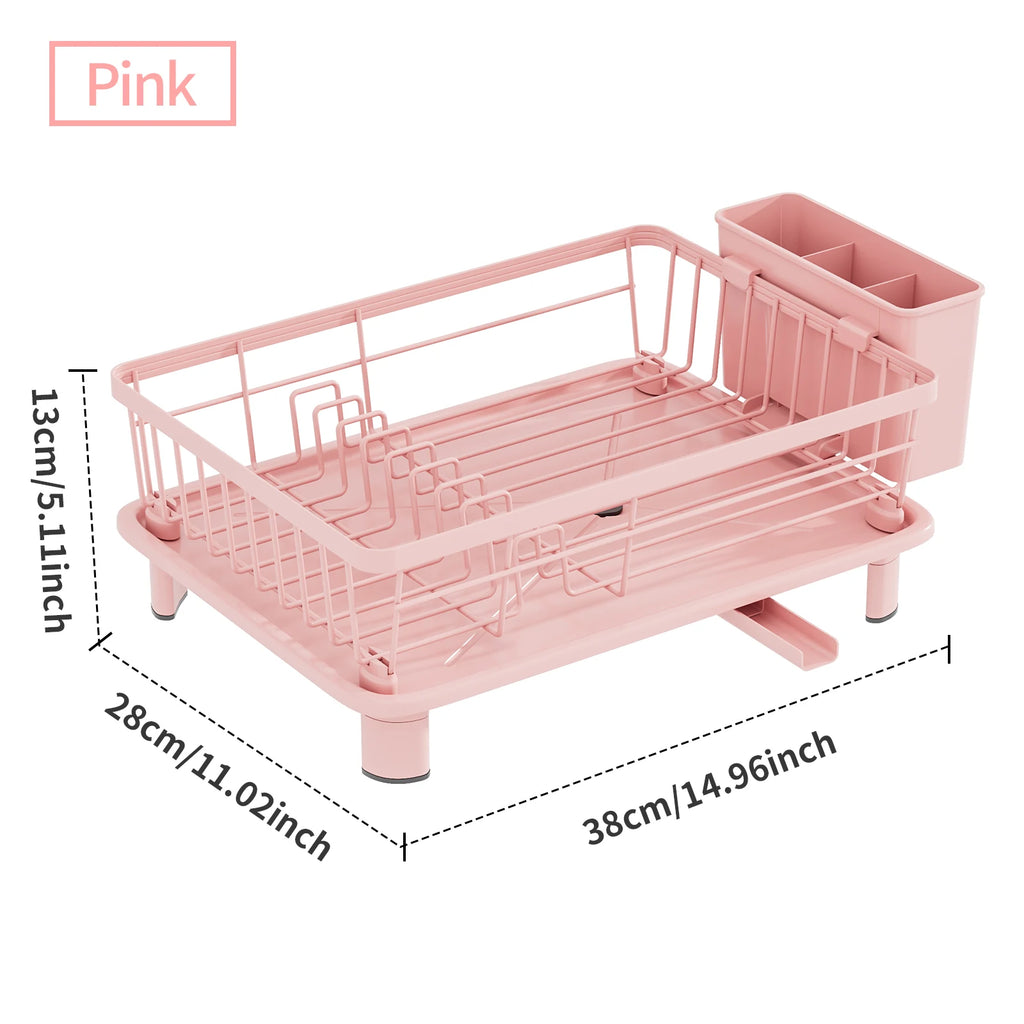 Dish Drying Rack Stainless Steel Style Iron Kitchen Drainer with Drain Tray - Pink