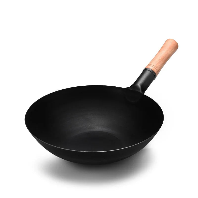 Carbon Steel Wok 32cm Round Bottom Stir Fry Pan Uncoated Cookware – Black