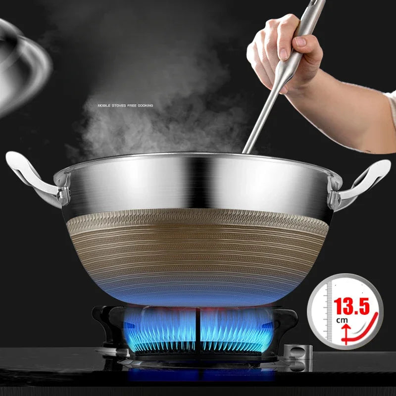 Wok 38cm Deep 316 Stainless Steel Flat Bottom Cooking Pan with Lid