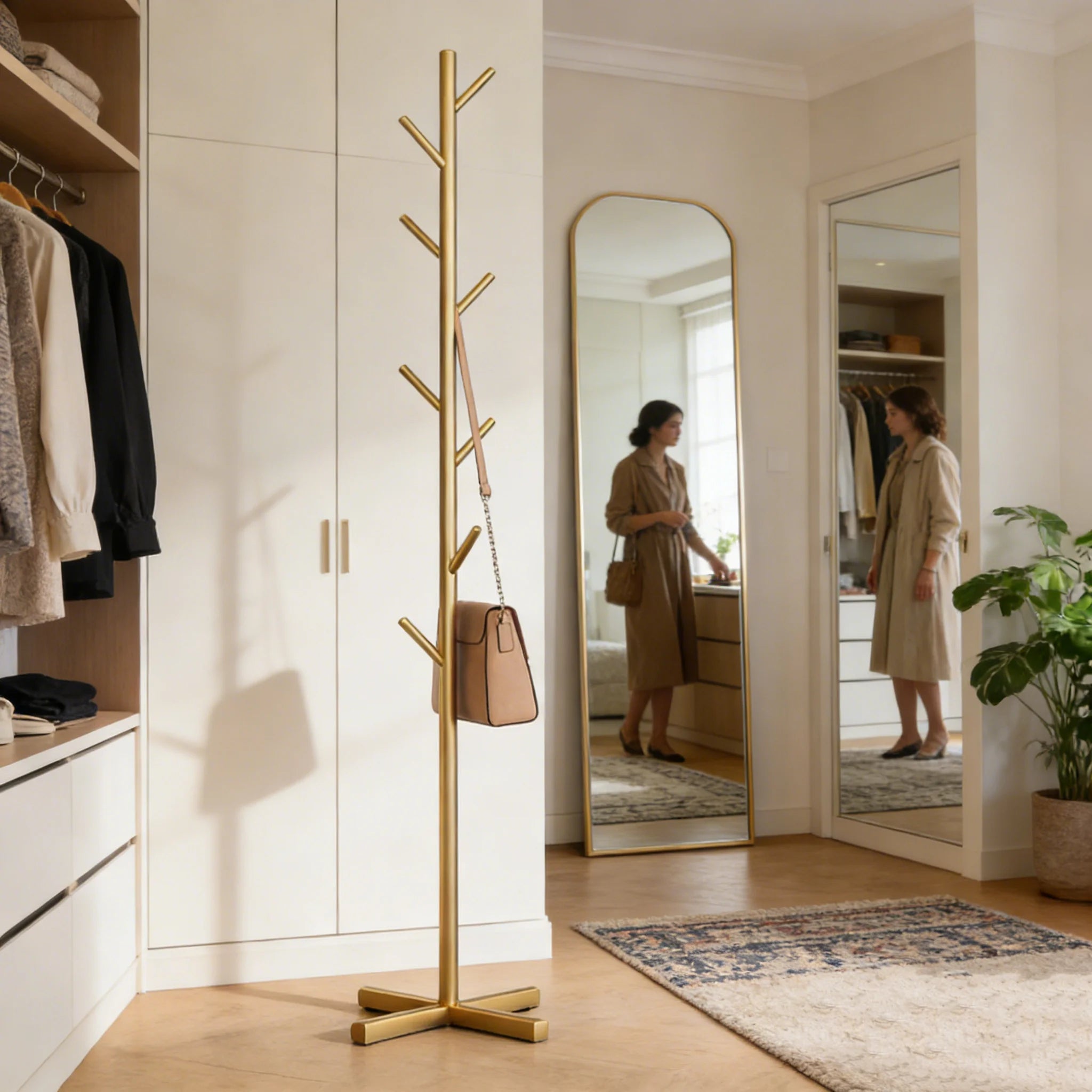 Clothes Rack Stand Metal Floor Standing Organizer Multi Hook Garment Hanger for Bedroom Living Room - Gold