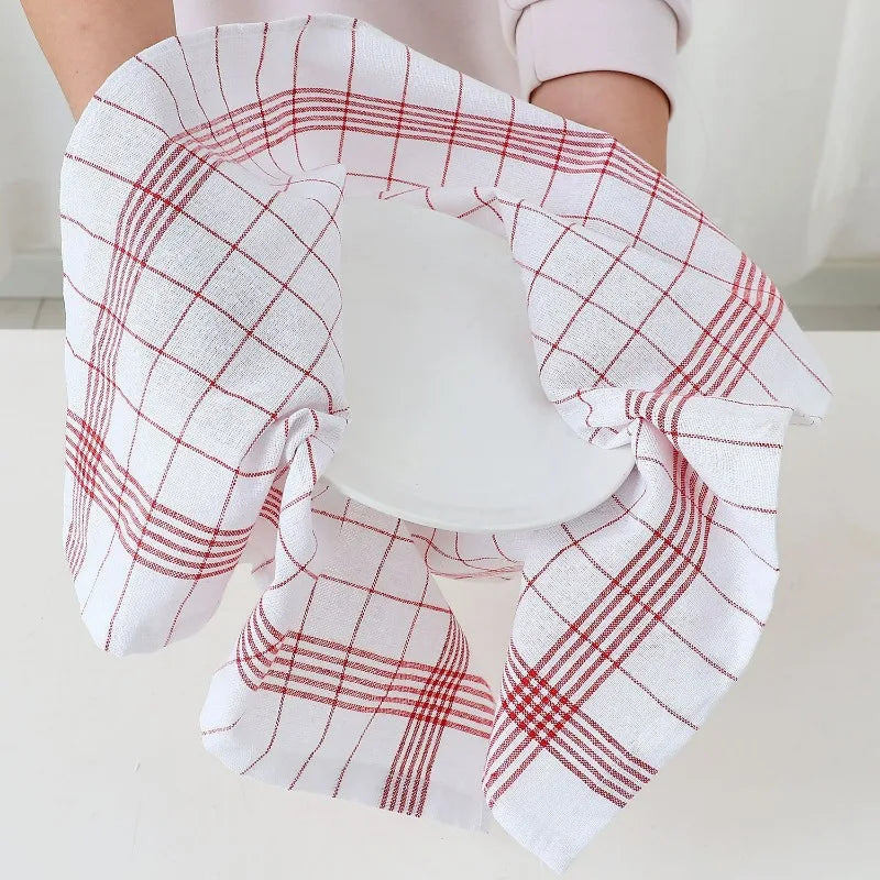 Dish Towels Set 10pcs Plaid Kitchen Cleaning Cloth Large Soft Polyester - Red