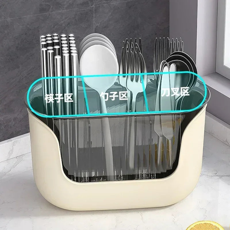 3-Compartment Cutlery Holder Plastic Chopstick Storage Basket With Drain Tray – Yellow