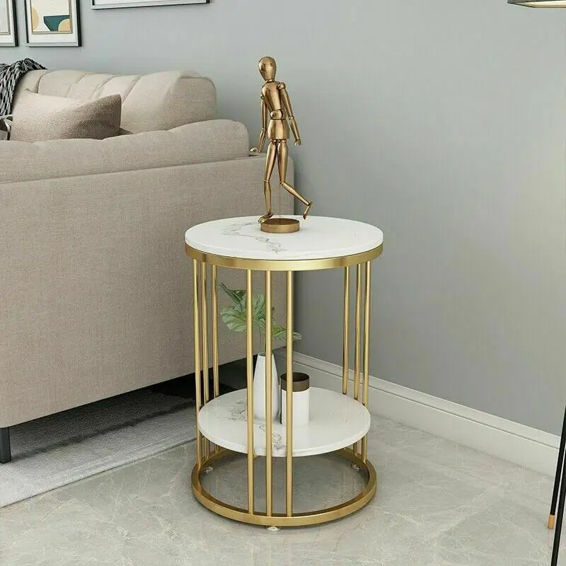 2-Tier Round Side Table with Marble-Style Top and Storage Shelf Gold and White
