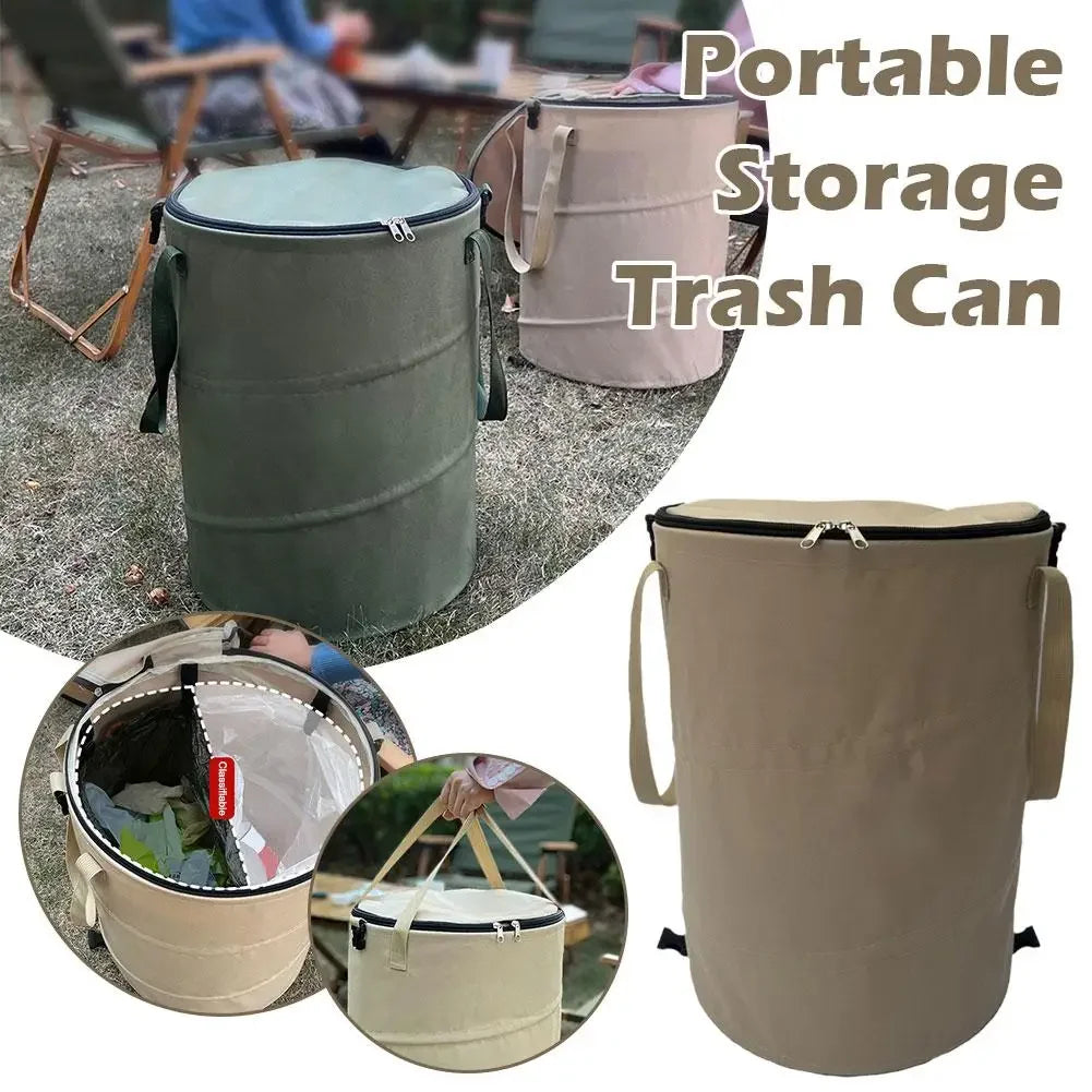 Outdoor Trash Can Foldable Oxford Cloth Garden Waste Storage Bin with Handles - Black