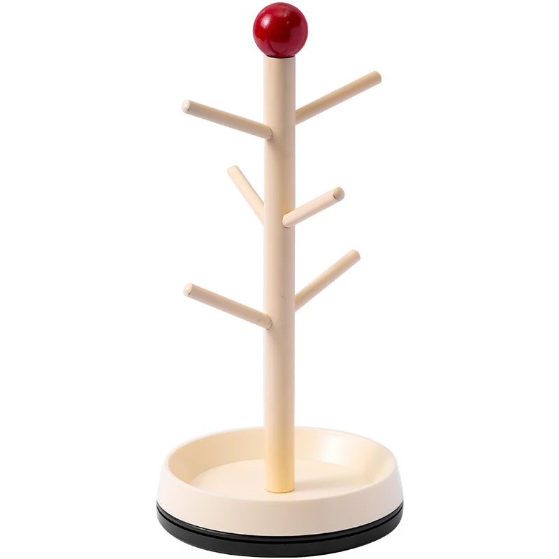 Rotating Wooden Mug Tree Cup Holder Countertop Coffee Cup Drying Rack Storage Stand with Red Accent