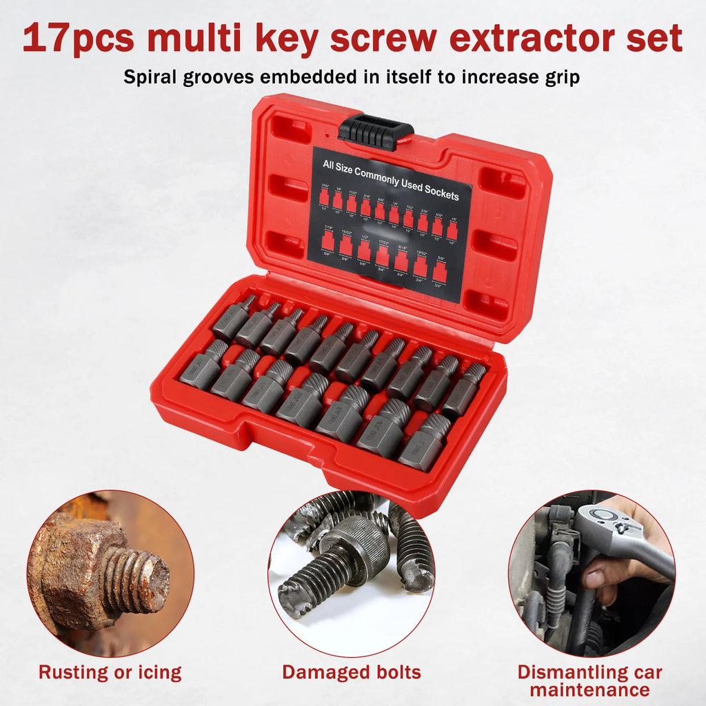 Bolt Extractor Set Heavy Duty Chrome Molybdenum Steel Spiral Screw Remover Kit Multi-Size 15-Piece
