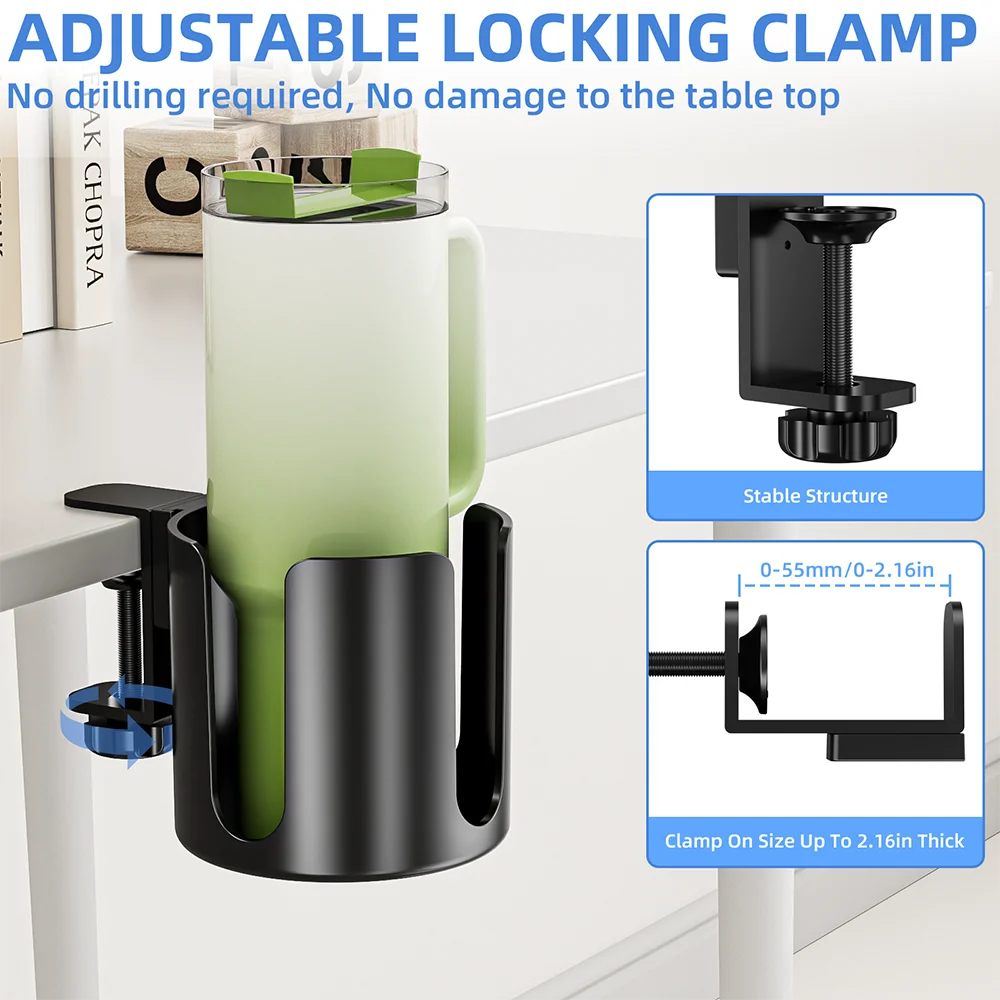 Clamp-On Desk Cup Holder No Drill Drink Cup Organizer for Coffee Mugs and Water Bottles – Black