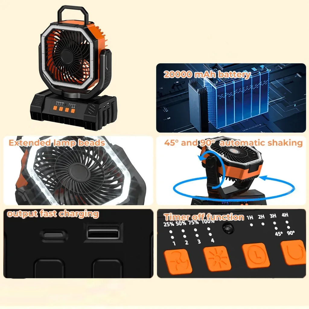 Camping Fan 20000mAh Rechargeable Portable Tent Air Circulator with LED Light – Orange