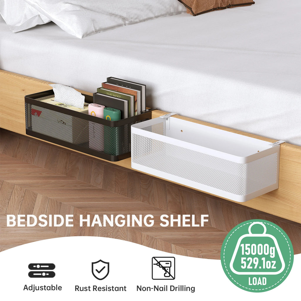 Bed Storage Rack Adjustable Metal Hanging Basket with Space-Saving Organiser - White