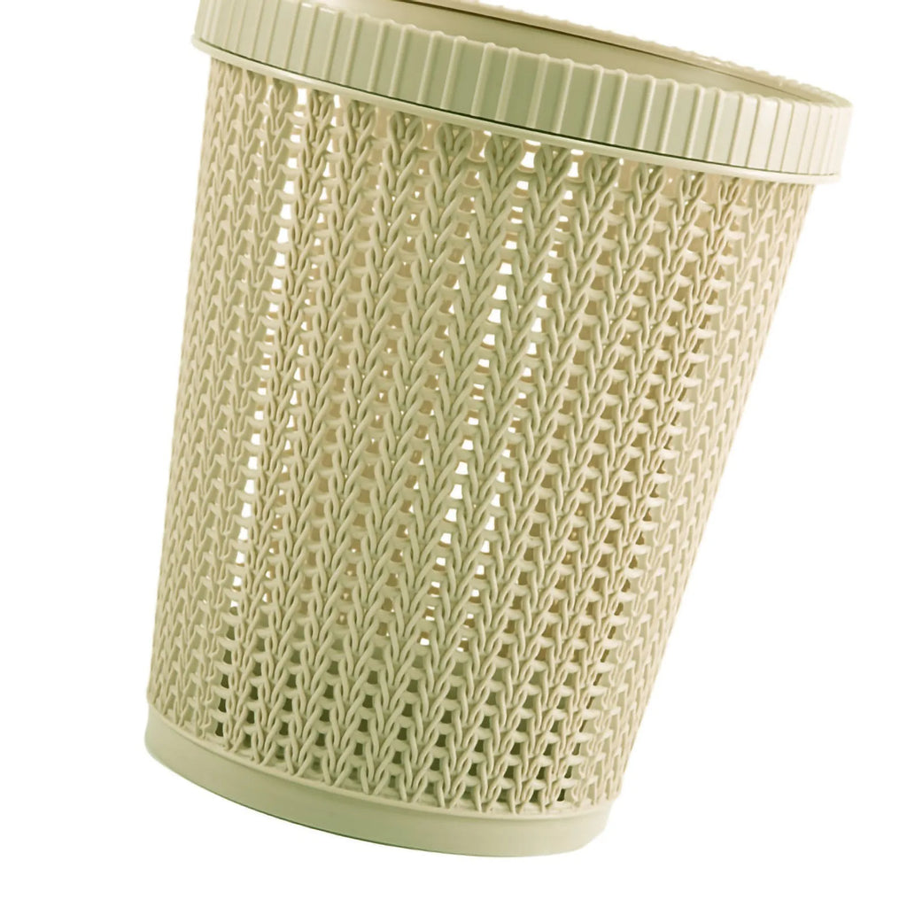 Rubbish Bin Round Rattan-Look Plastic Waste Basket with Built-In Bag Box - Blue
