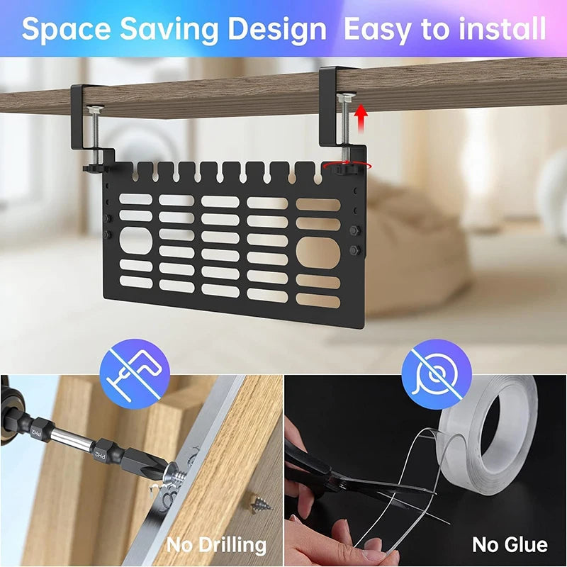 Under Desk Cable Management Tray Clamp-On Wire Organizer with Cable Clips for Office and Gaming Desk – Black