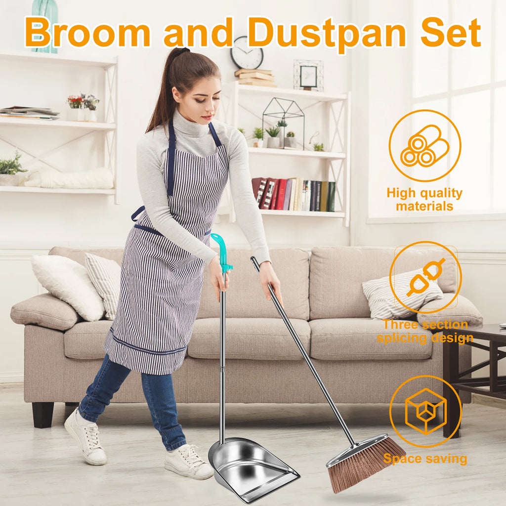 Broom and Dustpan Set Stainless Steel Long Handle Sweeping Cleaning Combo Square Dustpan