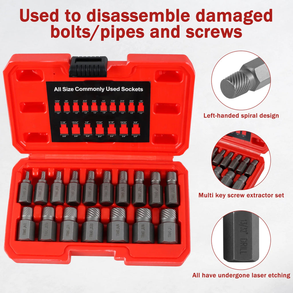 Bolt Extractor Set Heavy Duty Chrome Molybdenum Steel Spiral Screw Remover Kit Multi-Size 15-Piece
